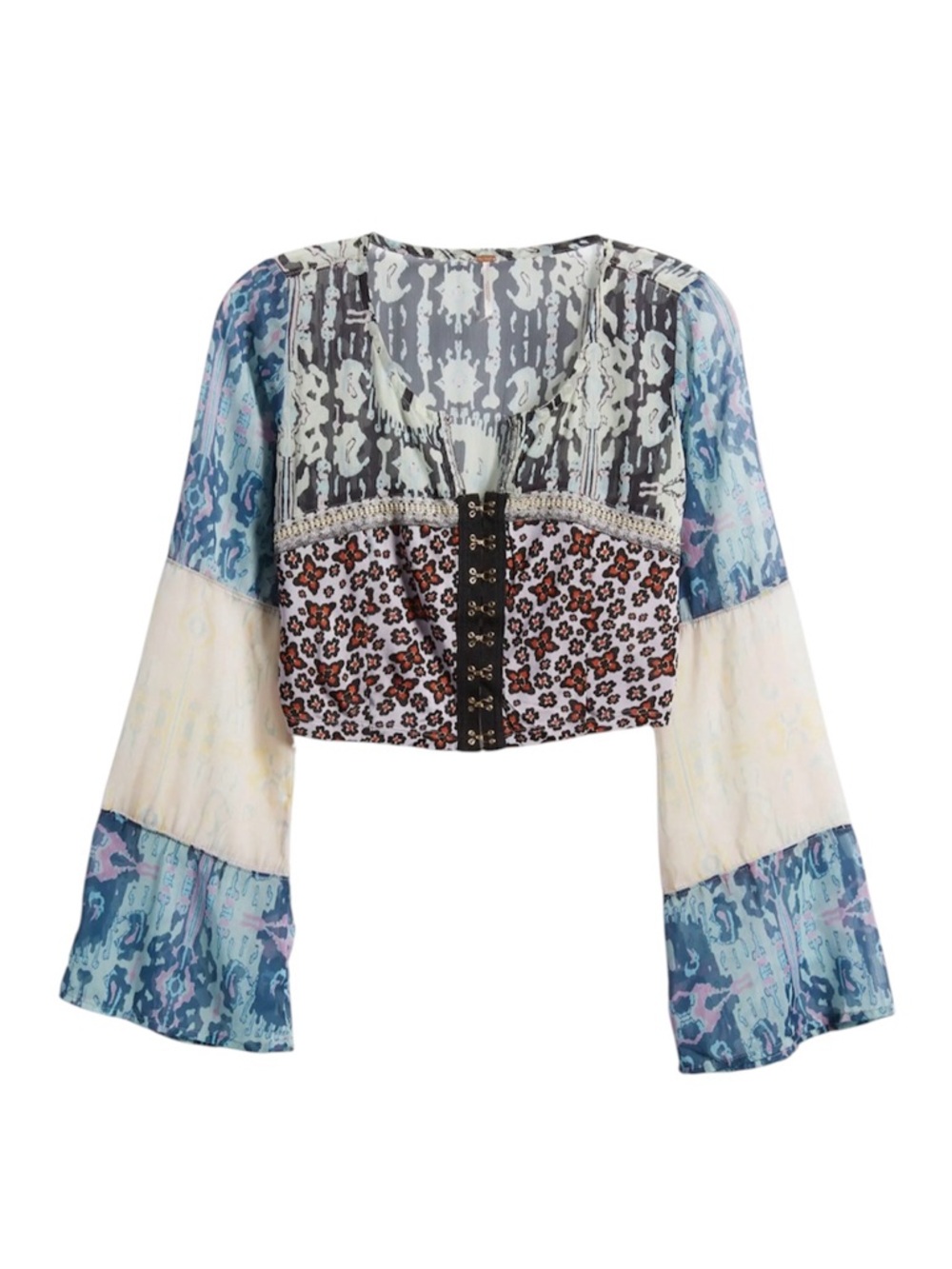 Free People walk that walk top multi color w/corset & bell sleeves Size Large
